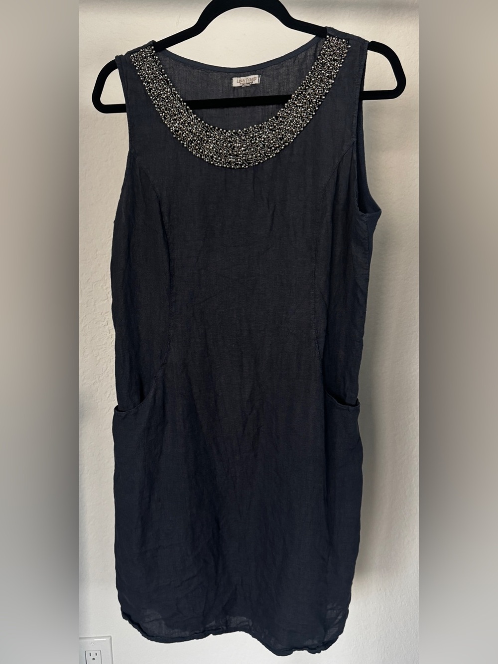 Lina Tomei Linen Dress Sz L Blue Beaded Embellished Neckline Sleeveless ITALIAN